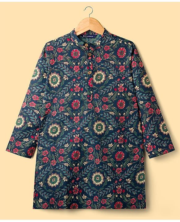 Pine Kids Cotton Woven Full Sleeves Kurta Pajama Set with Floral Print - Navy Blue