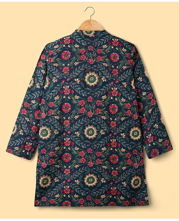 Pine Kids Cotton Woven Full Sleeves Kurta Pajama Set with Floral Print - Navy Blue