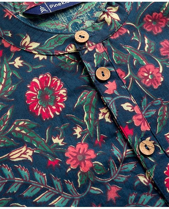 Pine Kids Cotton Woven Full Sleeves Kurta Pajama Set with Floral Print - Navy Blue
