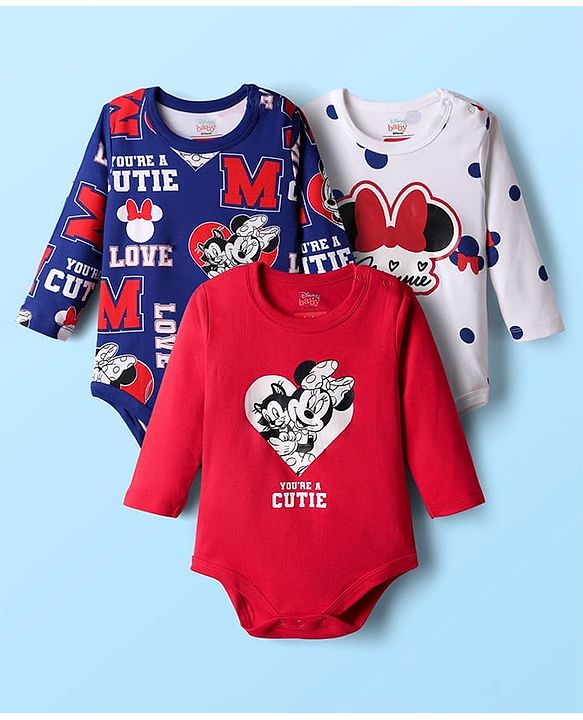 Babyhug Disney Interlock Knit Full Sleeve Onesies with Minnie Mouse Graphics Pack of 3 - Red Blue & White