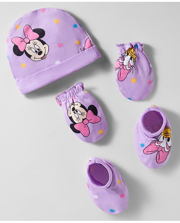 Babyhug Disney Interlock Knit Cap Mittens & Booties With Minnie & Friends Print Lavender - Diameter 11 cm