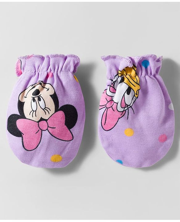 Babyhug Disney Interlock Knit Cap Mittens & Booties With Minnie & Friends Print Lavender - Diameter 11 cm