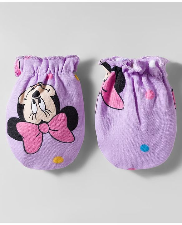 Babyhug Disney Interlock Knit Cap Mittens & Booties With Minnie & Friends Print Lavender - Diameter 11 cm