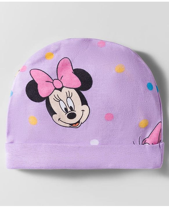 Babyhug Disney Interlock Knit Cap Mittens & Booties With Minnie & Friends Print Lavender - Diameter 11 cm