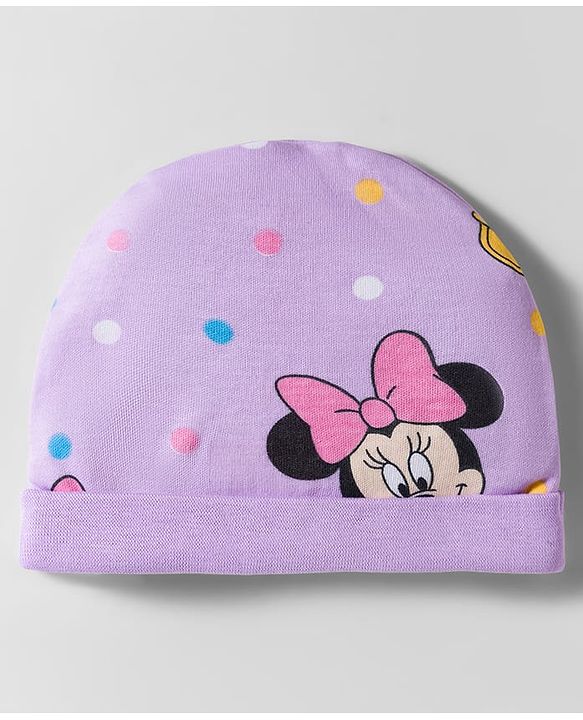 Babyhug Disney Interlock Knit Cap Mittens & Booties With Minnie & Friends Print Lavender - Diameter 11 cm