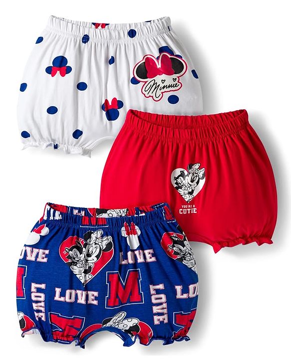 Babyhug Disney Single Jersey Knit Bloomers with Minnie Mouse Graphics Pack of 3 - White Red & Blue
