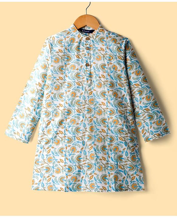 Pine Kids Cotton Woven Full Sleeves Kurta Pajama Set With Floral Print - White