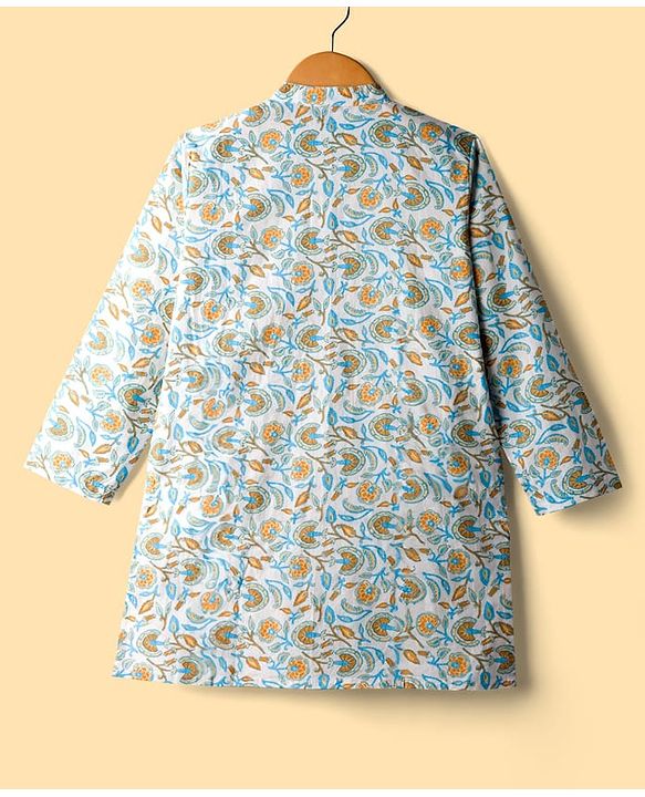 Pine Kids Cotton Woven Full Sleeves Kurta Pajama Set With Floral Print - White