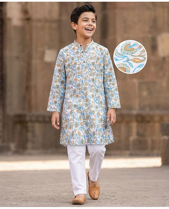 Pine Kids Cotton Woven Full Sleeves Kurta Pajama Set With Floral Print - White