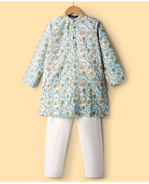 Pine Kids Cotton Woven Full Sleeves Kurta Pajama Set With Floral Print - White