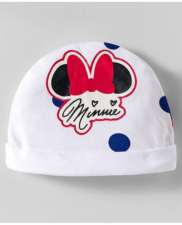 Babyhug Disney Interlock Knit Cap Mittens & Booties With Minnie Mouse Print White - Diameter 10 cm