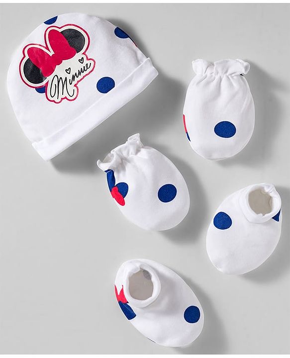 Babyhug Disney Interlock Knit Cap Mittens & Booties With Minnie Mouse Print White - Diameter 10 cm