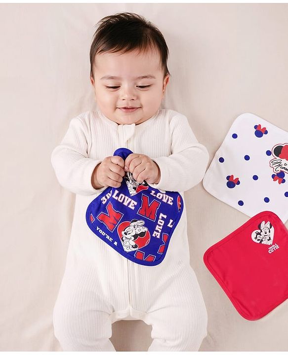 Babyhug Disney Interlock Knit Hand & Face Towel with Minnie Mouse Graphics Pack of 3 L 33 x B 33 cm - Red White & Navy Blue