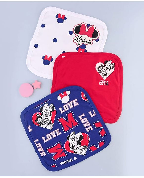 Babyhug Disney Interlock Knit Hand & Face Towel with Minnie Mouse Graphics Pack of 3 L 33 x B 33 cm - Red White & Navy Blue