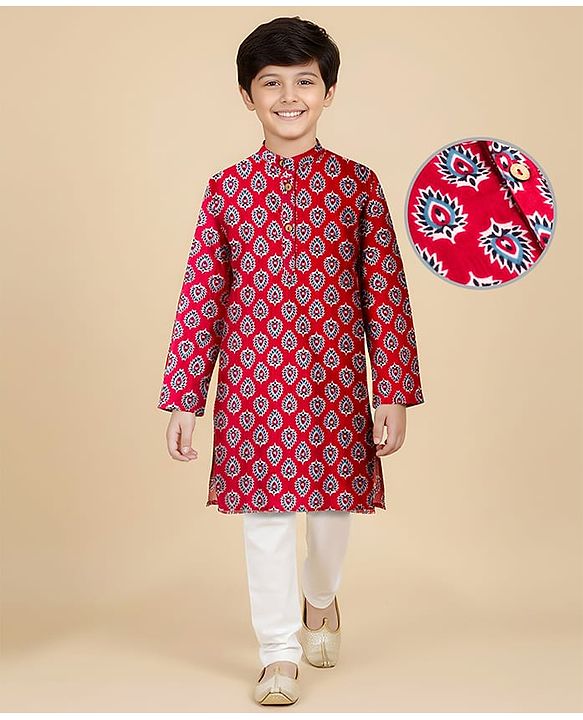 Pine Kids Cotton Woven Full Sleeves Kurta Pajama Set With Floral Print - Maroon