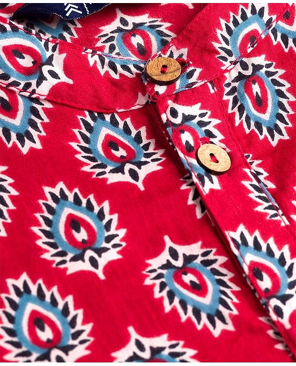 Pine Kids Cotton Woven Full Sleeves Kurta Pajama Set With Floral Print - Maroon