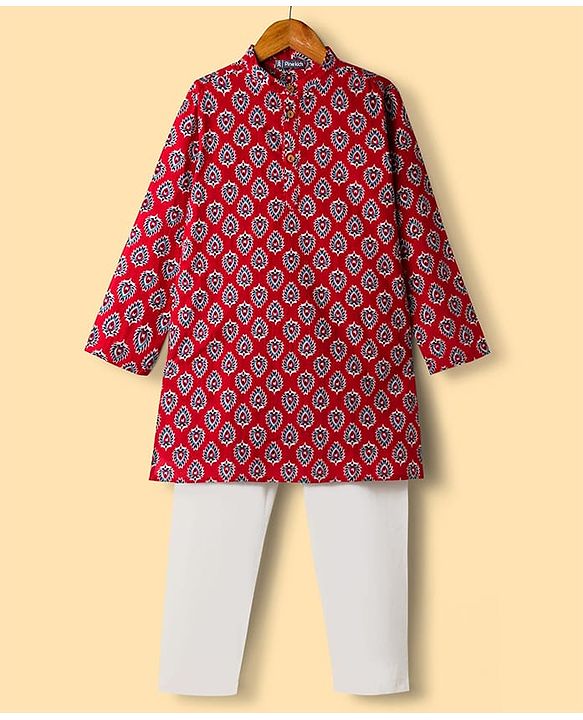 Pine Kids Cotton Woven Full Sleeves Kurta Pajama Set With Floral Print - Maroon