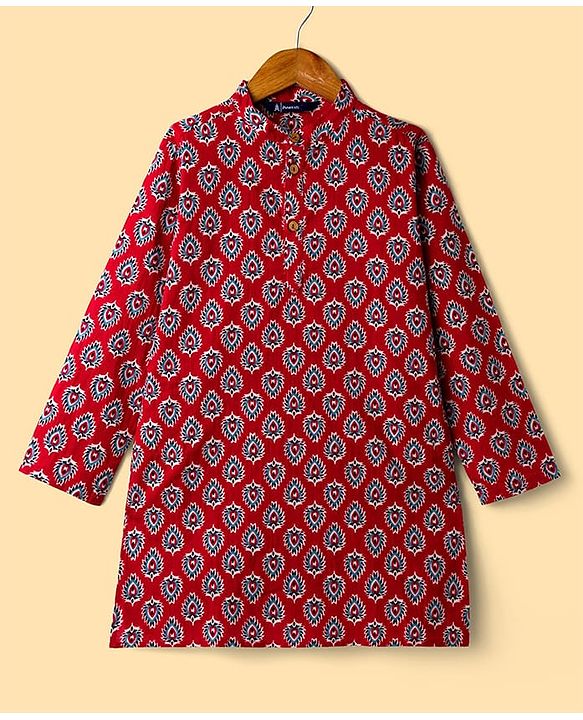 Pine Kids Cotton Woven Full Sleeves Kurta Pajama Set With Floral Print - Maroon