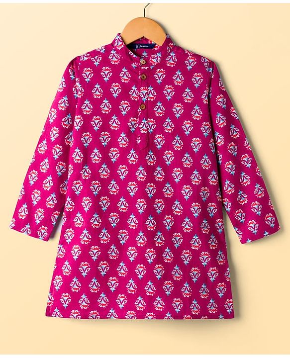 Pine Kids Cotton Woven Full Sleeves Kurta Pajama Set With Floral Print - Dark Red