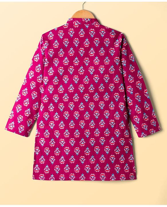 Pine Kids Cotton Woven Full Sleeves Kurta Pajama Set With Floral Print - Dark Red