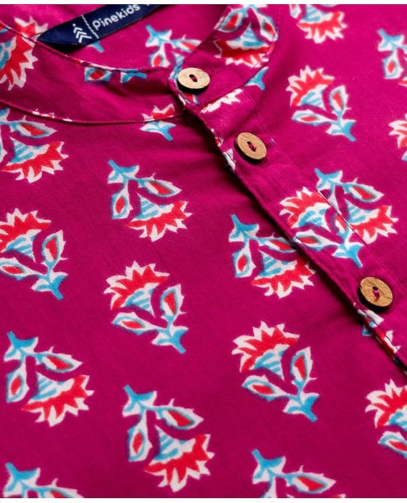 Pine Kids Cotton Woven Full Sleeves Kurta Pajama Set With Floral Print - Dark Red
