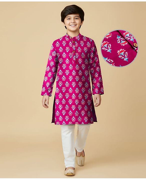 Pine Kids Cotton Woven Full Sleeves Kurta Pajama Set With Floral Print - Dark Red