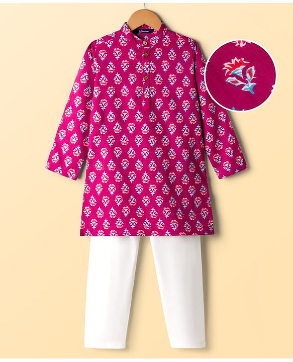Pine Kids Cotton Woven Full Sleeves Kurta Pajama Set With Floral Print - Dark Red