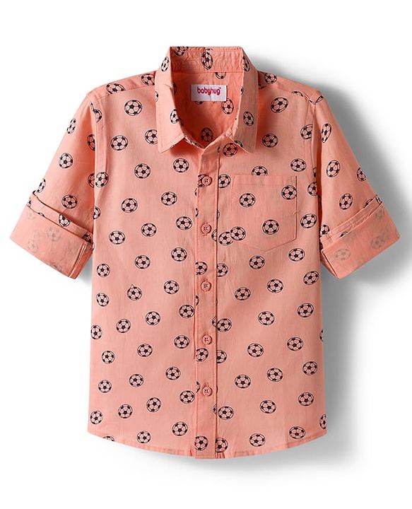 Babyhug Cotton Woven Full Sleeves Football Printed Shirt - Peach