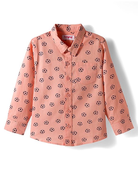 Babyhug Cotton Woven Full Sleeves Football Printed Shirt - Peach