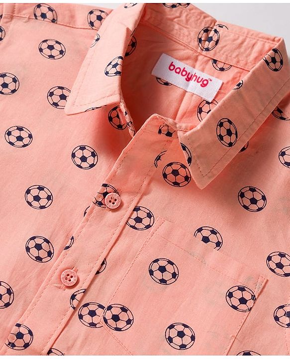 Babyhug Cotton Woven Full Sleeves Football Printed Shirt - Peach