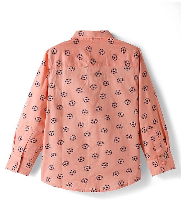 Babyhug Cotton Woven Full Sleeves Football Printed Shirt - Peach