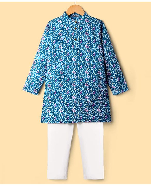 Pine Kids Cotton Woven Full Sleeves Kurta Pajama Set With Floral Print - Blue