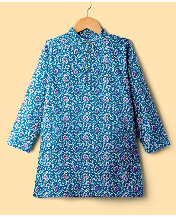 Pine Kids Cotton Woven Full Sleeves Kurta Pajama Set With Floral Print - Blue