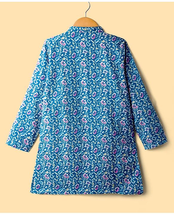 Pine Kids Cotton Woven Full Sleeves Kurta Pajama Set With Floral Print - Blue
