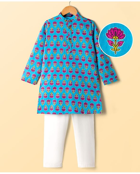 Pine Kids Cotton Woven Full Sleeves Kurta Pyjama Set with Floral Print - Blue