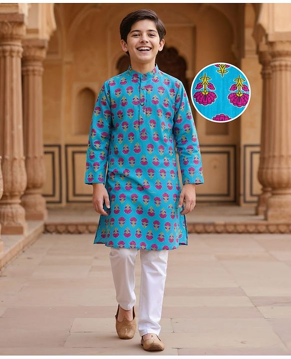 Pine Kids Cotton Woven Full Sleeves Kurta Pyjama Set with Floral Print - Blue