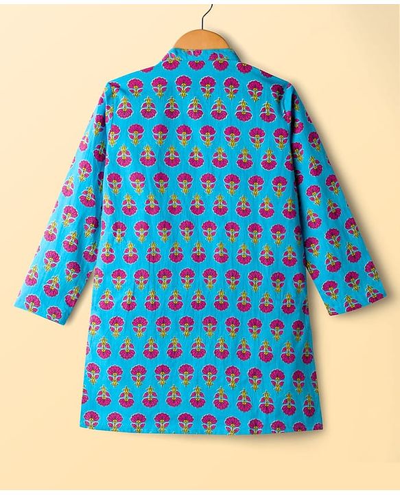 Pine Kids Cotton Woven Full Sleeves Kurta Pyjama Set with Floral Print - Blue