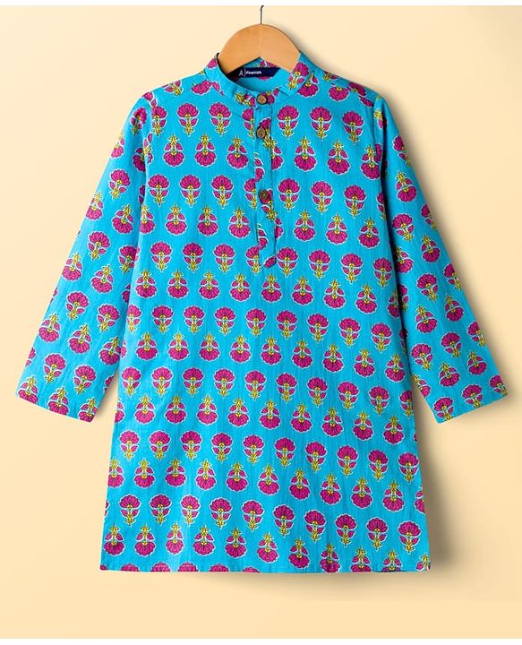Pine Kids Cotton Woven Full Sleeves Kurta Pyjama Set with Floral Print - Blue