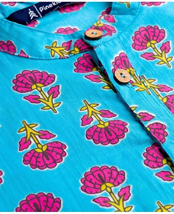 Pine Kids Cotton Woven Full Sleeves Kurta Pyjama Set with Floral Print - Blue