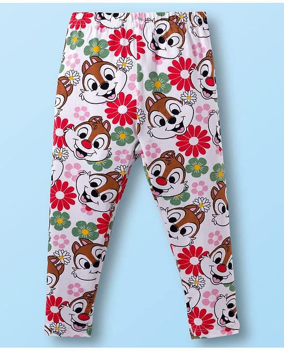 Babyhug Disney Cotton Lycra Knit Full Length Leggings with Chip'N Dale Graphics Pack of 3 - White Yellow & Purple
