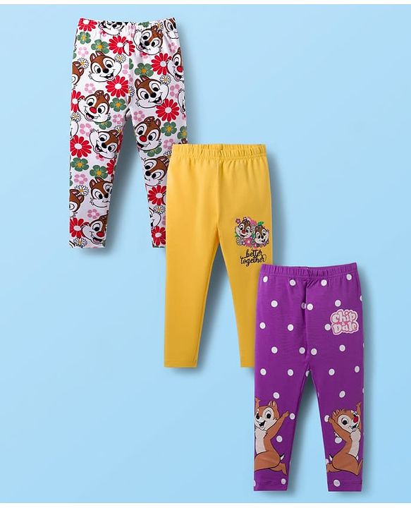 Babyhug Disney Cotton Lycra Knit Full Length Leggings with Chip'N Dale Graphics Pack of 3 - White Yellow & Purple