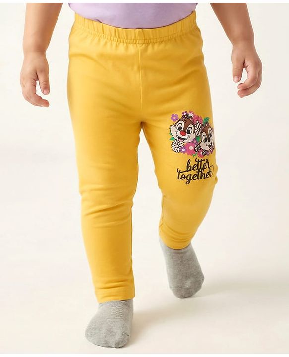 Babyhug Disney Cotton Lycra Knit Full Length Leggings with Chip'N Dale Graphics Pack of 3 - White Yellow & Purple