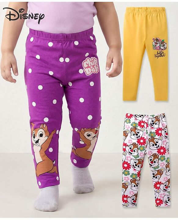 Babyhug Disney Cotton Lycra Knit Full Length Leggings with Chip'N Dale Graphics Pack of 3 - White Yellow & Purple