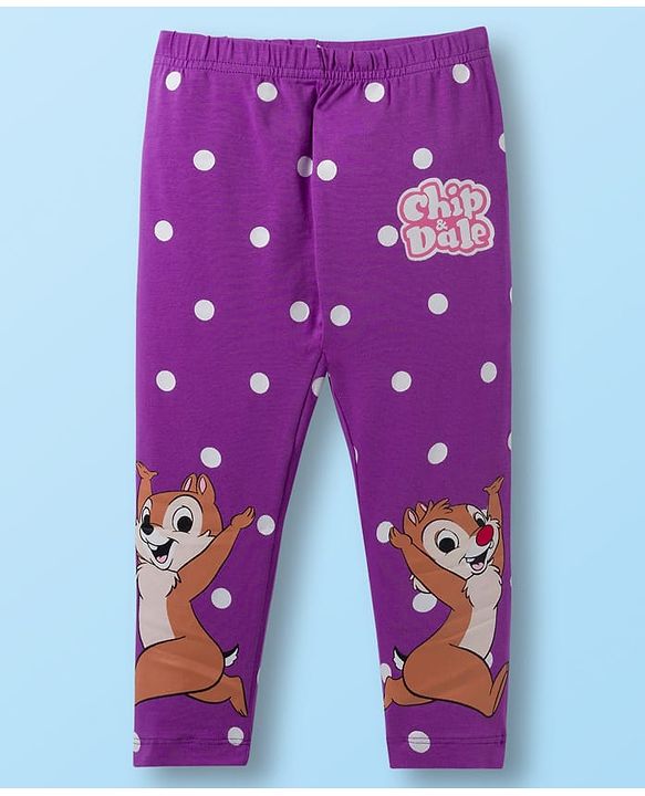 Babyhug Disney Cotton Lycra Knit Full Length Leggings with Chip'N Dale Graphics Pack of 3 - White Yellow & Purple
