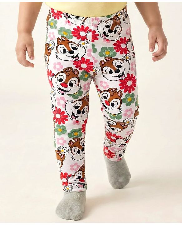 Babyhug Disney Cotton Lycra Knit Full Length Leggings with Chip'N Dale Graphics Pack of 3 - White Yellow & Purple
