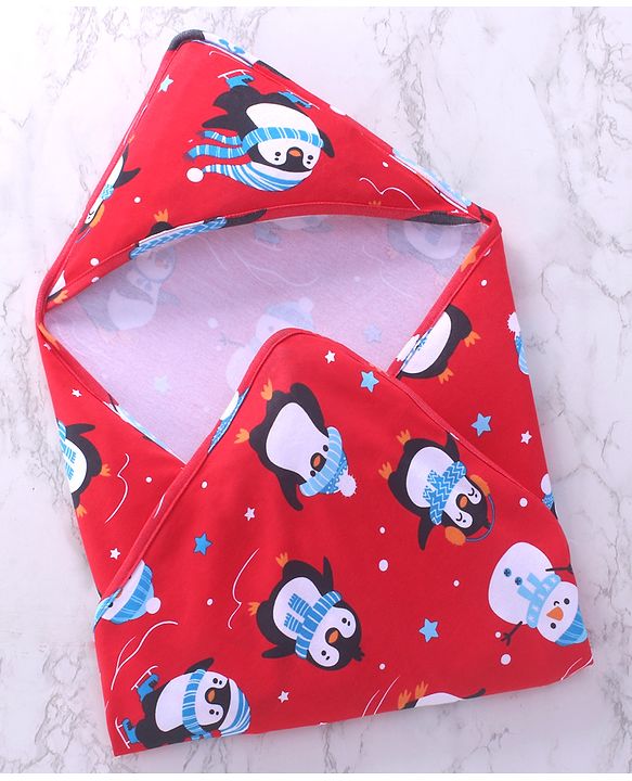 Babyhug Cotton Knit Hooded  Wrapper With Animal Print  L 76.5 x B 76.5 cm - Red