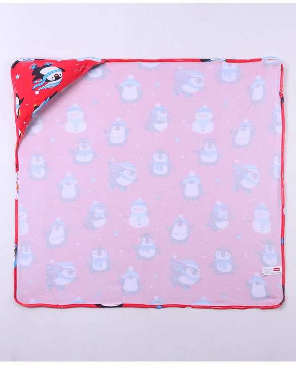 Babyhug Cotton Knit Hooded  Wrapper With Animal Print  L 76.5 x B 76.5 cm - Red