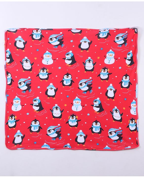 Babyhug Cotton Knit Hooded  Wrapper With Animal Print  L 76.5 x B 76.5 cm - Red