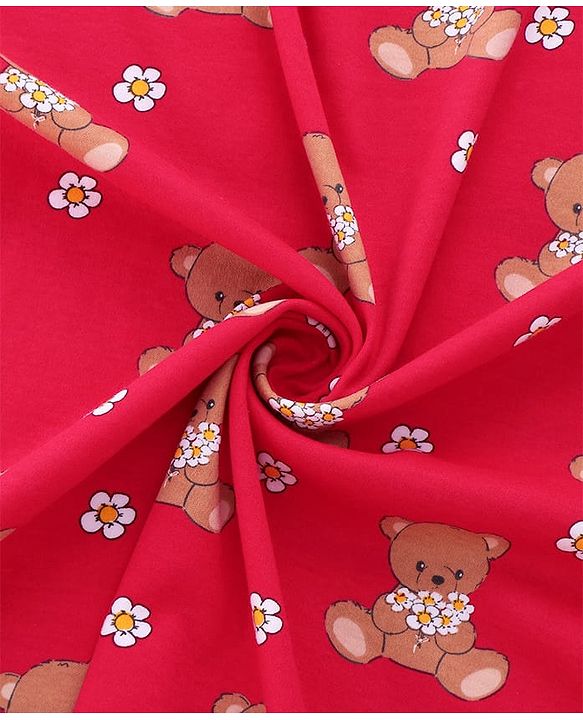 Babyhug Cotton Knit Hooded  Wrapper With Animal Print  L 76.5 x B 76.5 cm - Red