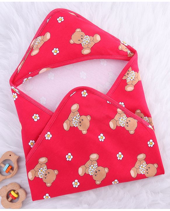 Babyhug Cotton Knit Hooded  Wrapper With Animal Print  L 76.5 x B 76.5 cm - Red